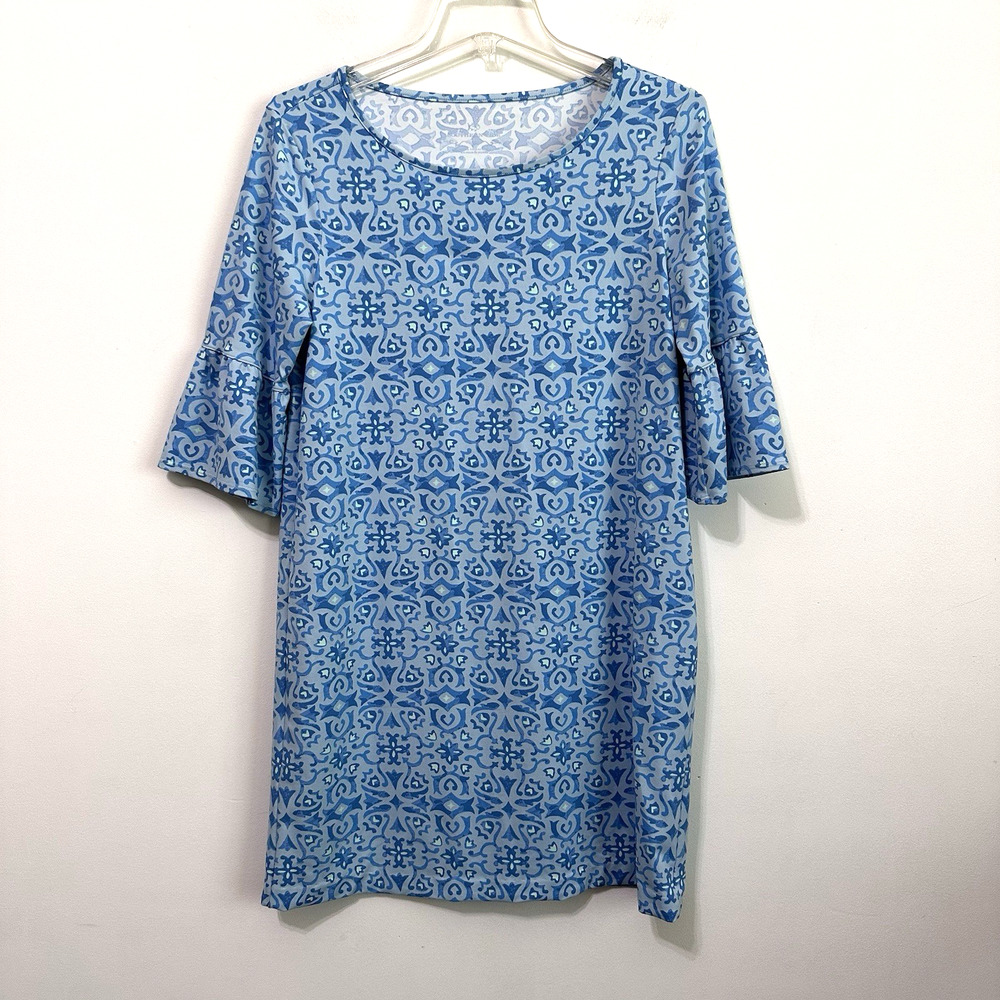 Southern Tide Whitnee Performance Dress S Stretch Blue Ruffle Bell Sleeve Party‎